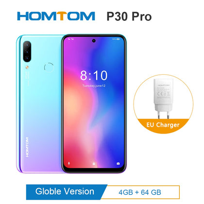 Original HOMTOM P30 pro Android 9.0 MTK6763 Octa Core 4GB 64GB Glass case Smartphone 6.41inch 4000mAh 4G FDD-LTE Mobile Phone