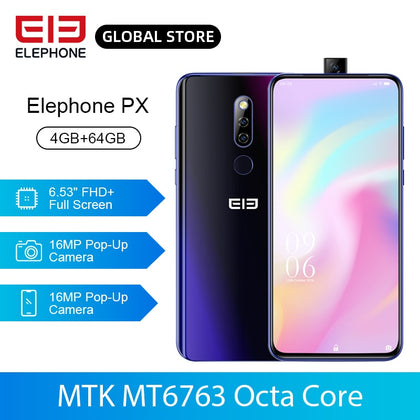 ELEPHONE PX 6.53" FHD+ Full Screen 16MP Pop-Up Camera Mobile Phone Android 9.0 Fingerprint Quad Core MT6763 Smartphone