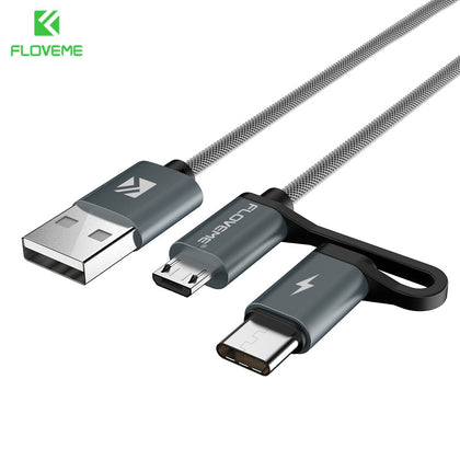 FLOVEME 2 in 1 Mirco USB + Type-C USB Cable Braided Fast Charger QC 3.0 USB-C Mobile Phone Cable for Galaxy S8 Xiaomi Smartphone