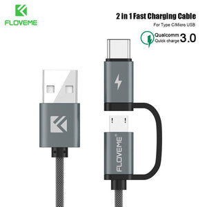 FLOVEME 2 in 1 Mirco USB + Type-C USB Cable Braided Fast Charger QC 3.0 USB-C Mobile Phone Cable for Galaxy S8 Xiaomi Smartphone