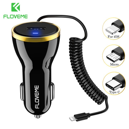 FLOVEME USB Car Charger For iPhone X 8 7 Plus Xs Max 2.1A Car-Charger With Micro Type C USB Cable For iPhone Smartphone Chargers